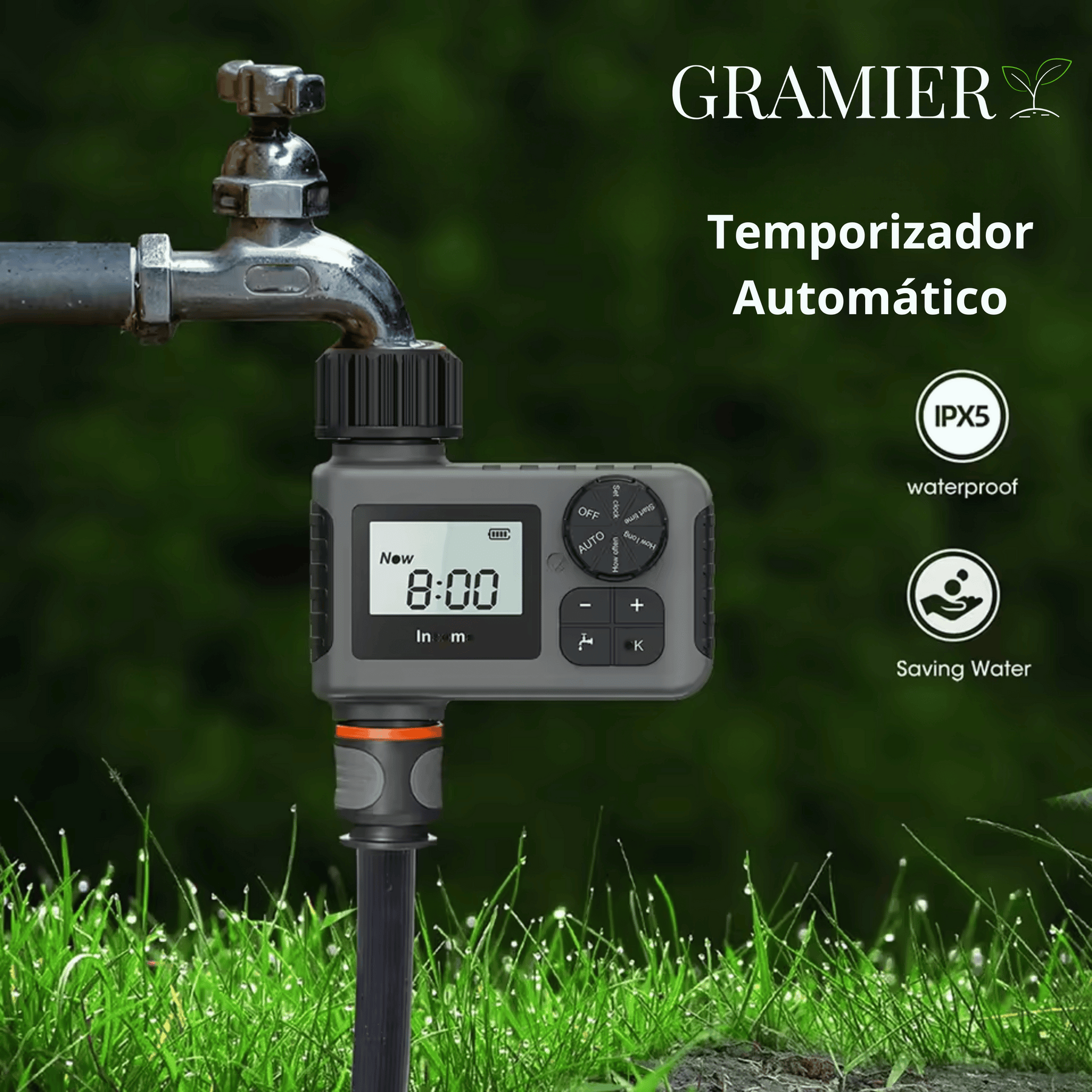 Sistema Inteligente de Rega Irrigação Gramier - Temporizador Automático de Água, Equipamento Programador de Jardim, IPX5