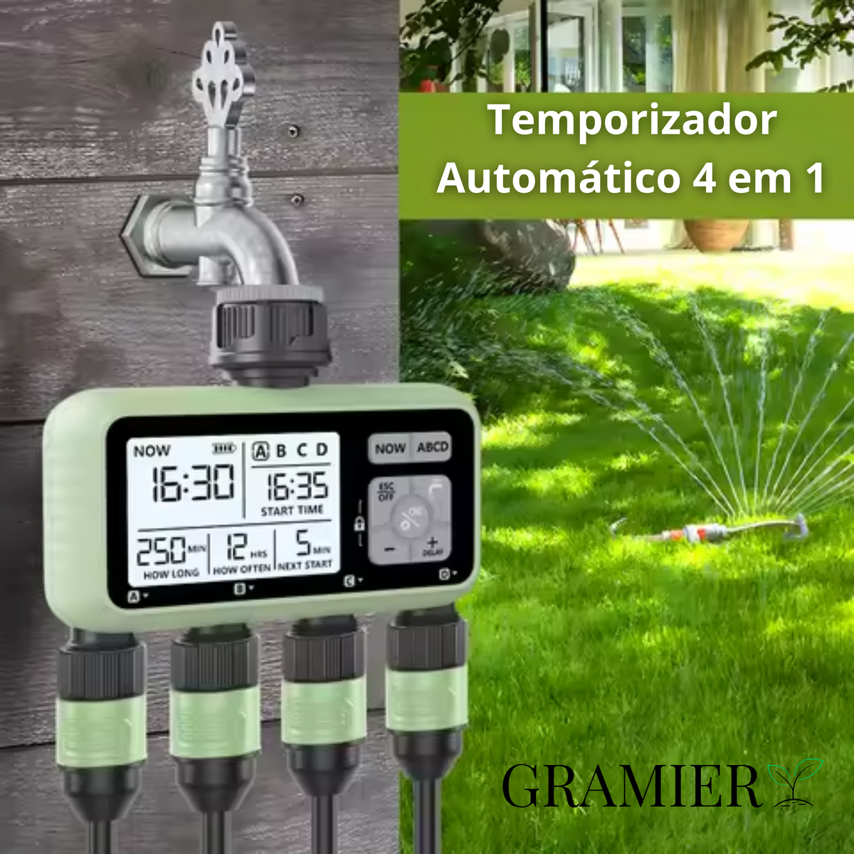 Sistema Inteligente de Rega Irrigação Gramier - Temporizador Automático de Água, Equipamento Programador de Jardim, IPX5